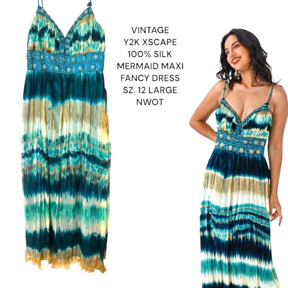 VTG. Y2K XSCAPE 100% SILK BEADED FLOWY MERMAID MAXI FORMAL DRESS SZ. 12 L NWOT - Picture 2 of 7